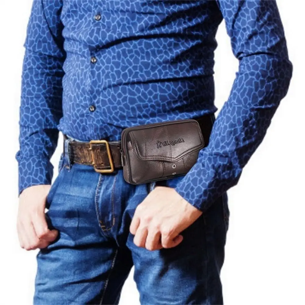 Men's Leather Large Capacity Wear Belt Waist Bag Mobile Phone Bag Belt Wallet Running Pouch Holster Case