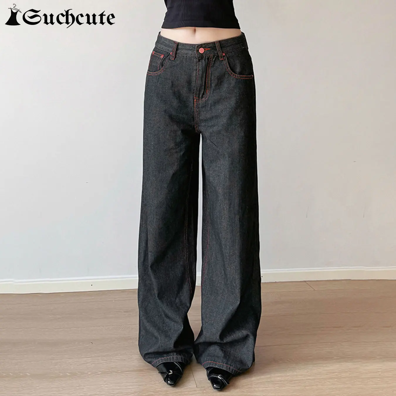 SUCHCUTE Embroidered Denim Wide Leg Pants High Street Low Waist Trousers Y2k Aesthetic 2000s Jeans Streetwear Casual Baggy 2025