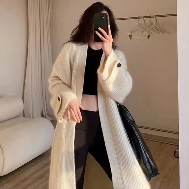Cardigã de malha comprida feminino, solto, sólido, ponto aberto, manga cheia, elegante, para outono e inverno
