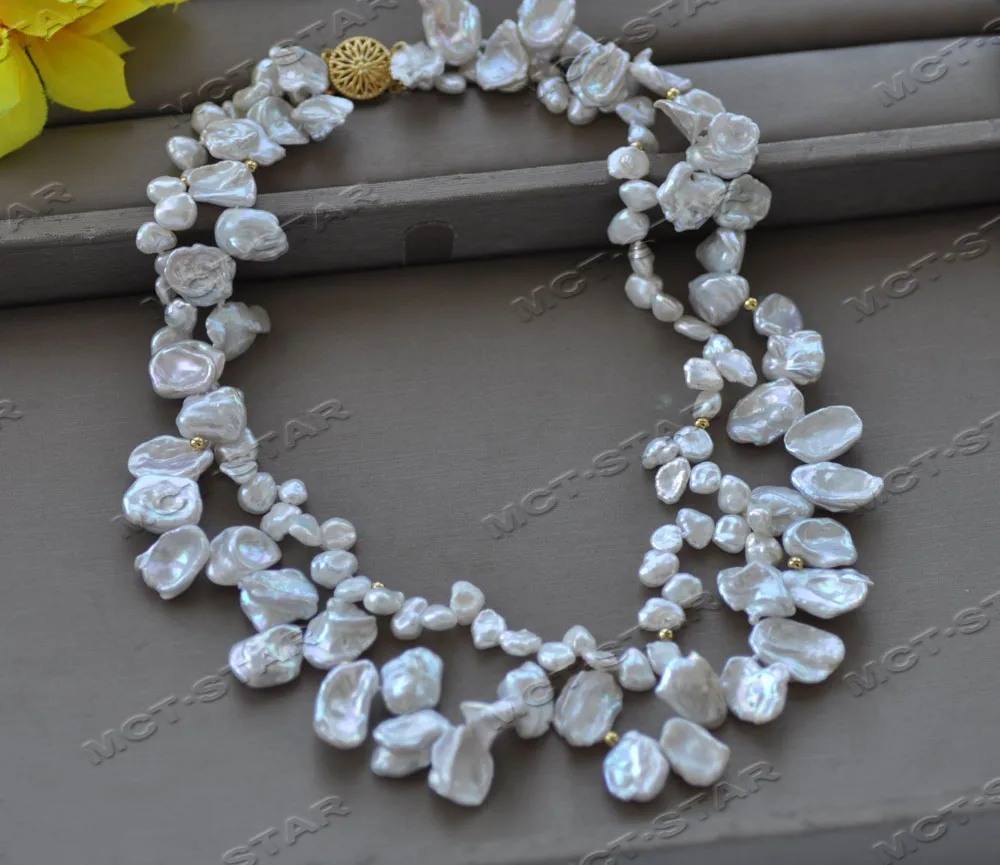 

MCT·STAR Z12273 2Row 17" White Baroque Lamina Keshi Reborn Pearl Necklace