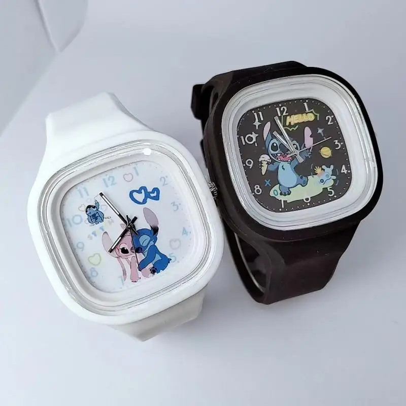 Kawaii Disney Stitch Angel Cartoon Watch Square High-Quality Skin Feel Silicone Watch Adjustable Watch Ladies Watch Clock Wrist