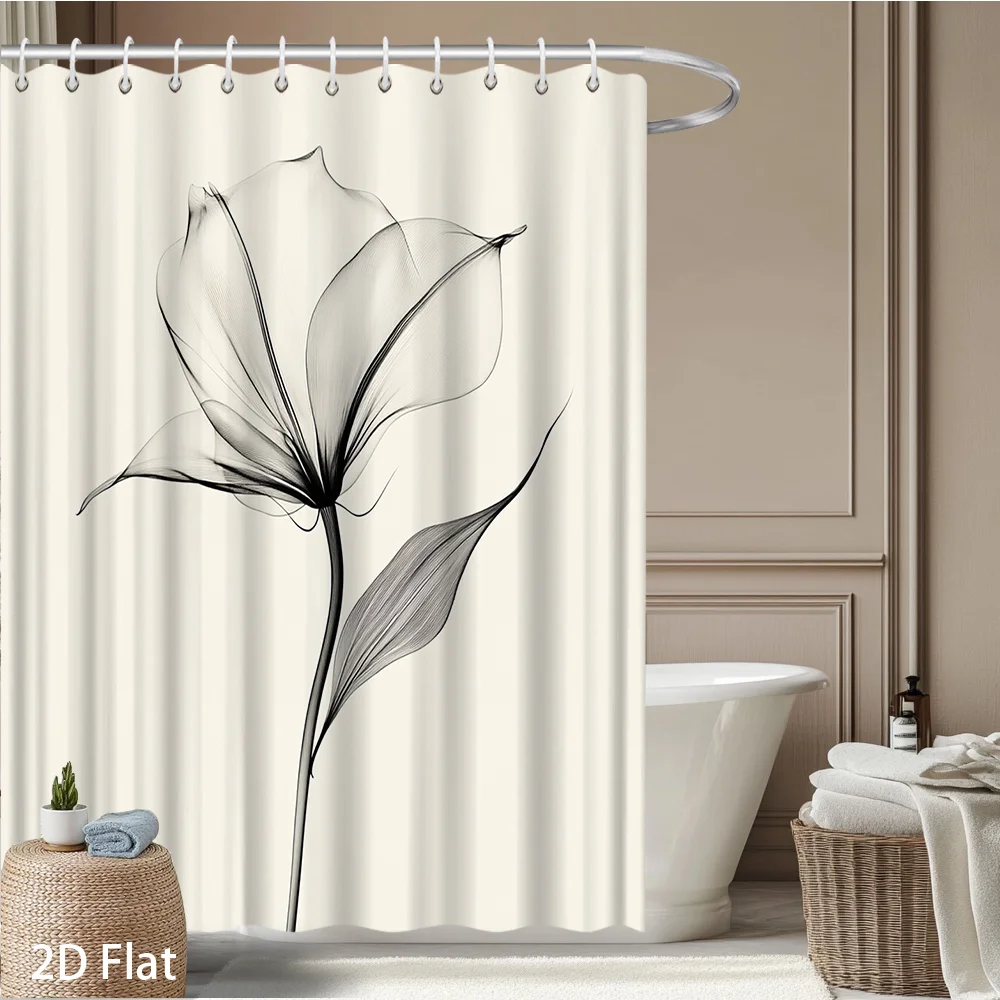 Abstract Floral Shower Curtain – Black Line Art on Cream, 2D Flat Print, Fade-Resistant Polyester, 12 Hooks, 70.8