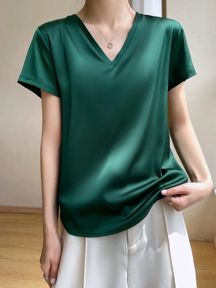 Women V-Neck Artificial Silk Satin 2024 Summer Tee Tops Thin Smooth T-shirt Silky Simple Basic Black White Slim Tshirts #59