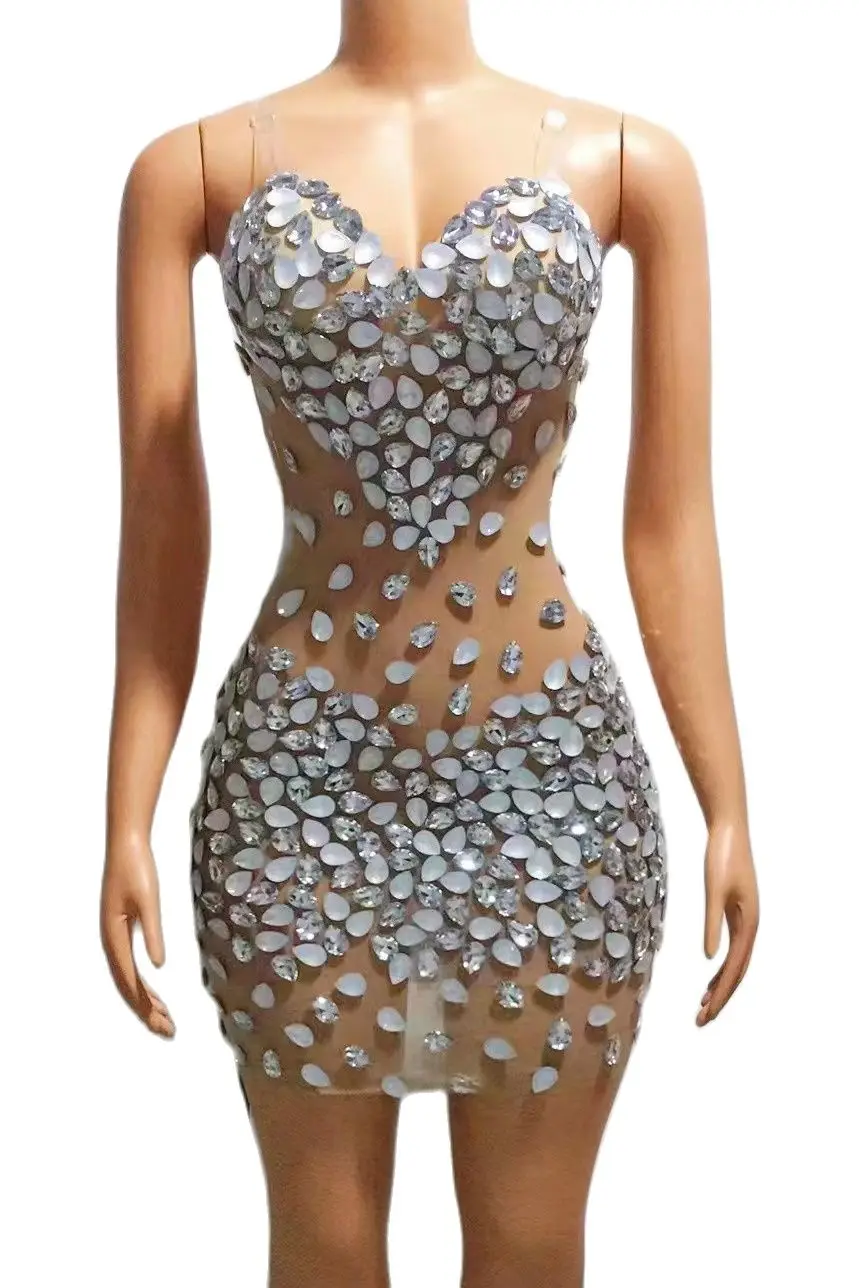 

NewDesignShinyDiamondChainsDressSexySeeThroughMeshBeadedGown Женская одежда для вечеринок