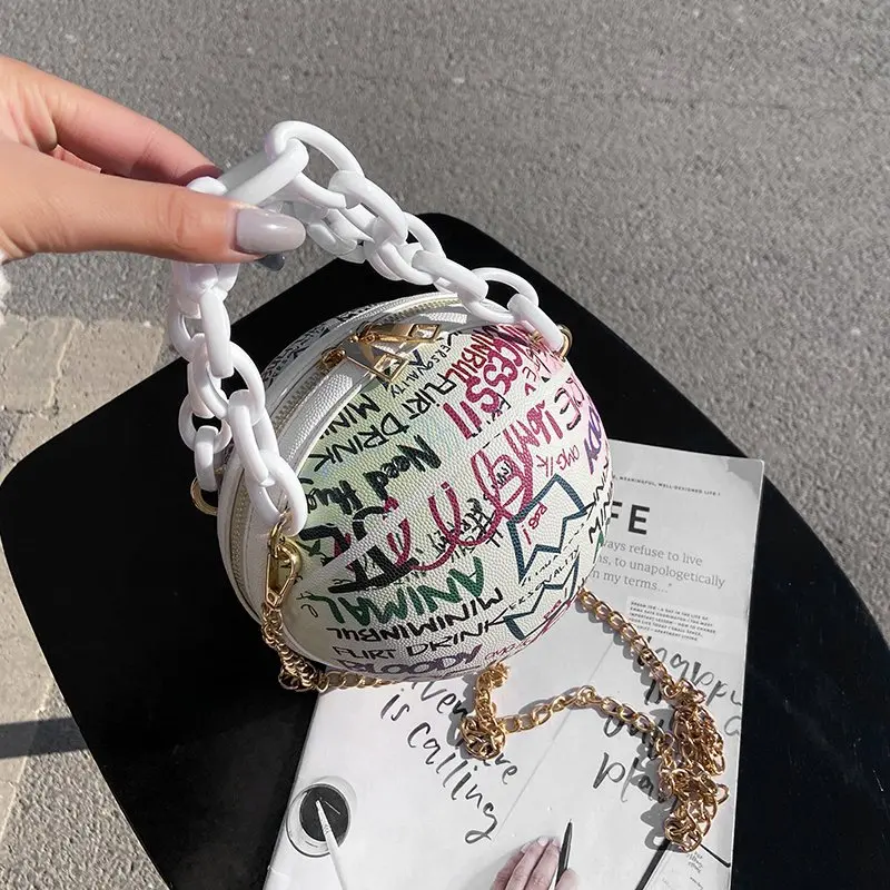 Personality Graffiti Round Ball Bag For Women 2024 PU Leather Crossbody Acrylic Chain Handbags and Purses Female Basketball Bag