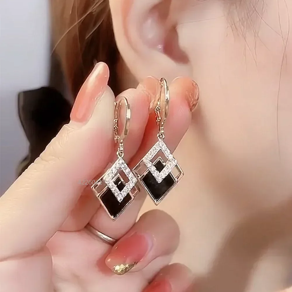 Women Korean Crystal Zircon Geometric Earring Bride Wedding Statement Jewelry Luxury Trend Black Color Double Layer Earrings
