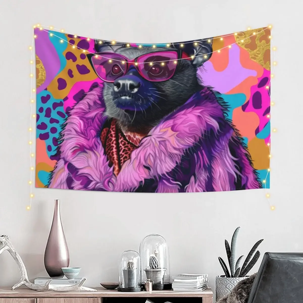 Funky Bat Portrait in Purple Fur Anthropomorphic Animal Fashion Art Tapestry On The Wall Cute Decor Tapestry