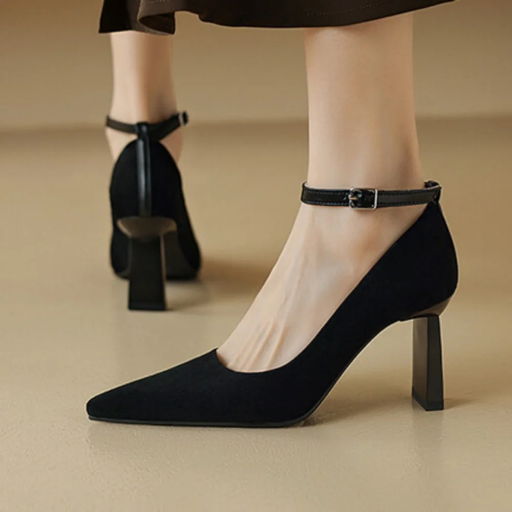 

Women's Single Shoes High Heel Pointed Square with Retro Style, Inside and Outside Full Skin, Hot Mom Style，Ankle Band