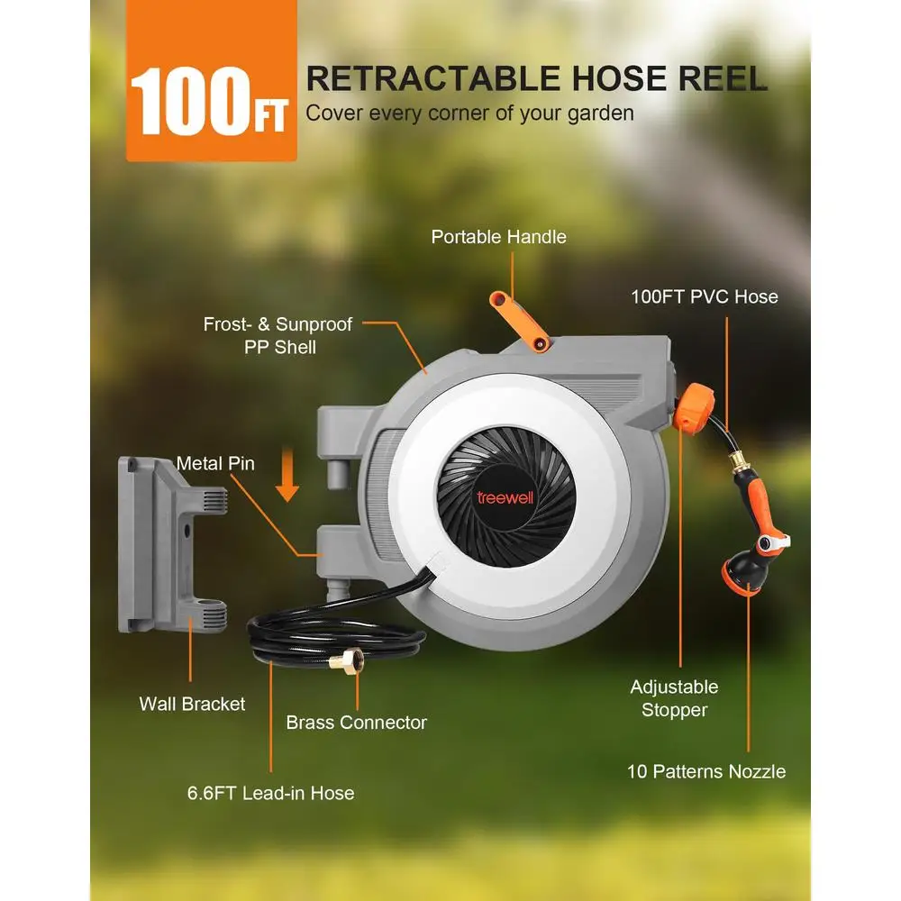 Retractable Water Hose Reel 100ft Heavy Duty Wall Mount with 10 Pattern Nozzle Solid Brass Fittings Adjustable Stopper Ball