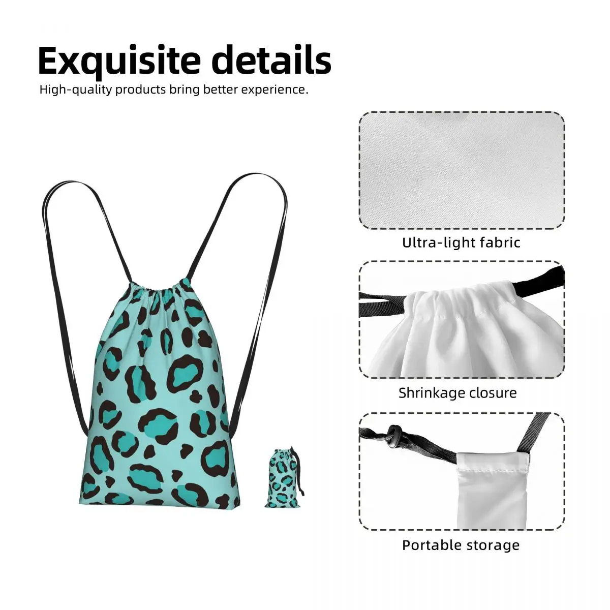 Cool Turquoise Blue Leopard Print Cheetah Drawstring Backpack hiking cycling Bag Portable Travel Drawstring Bag for Men Women