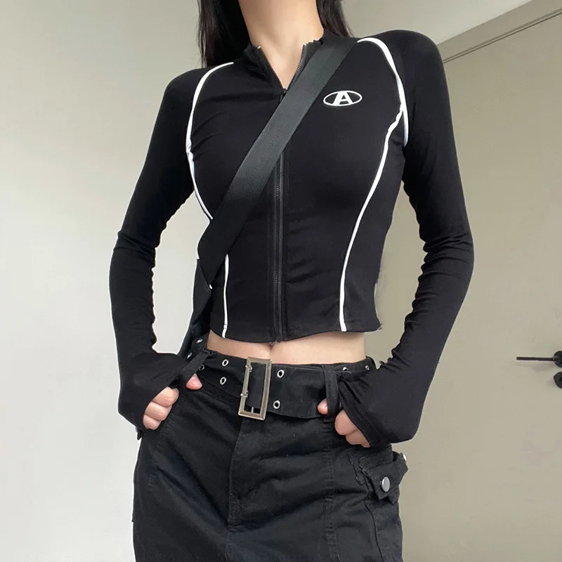 

Harajuku Long Sleeve top Women's Cropped Jacket Moto Biker Street Style Techwear Zip Up tee Coat Hot girl with navel coat Jacket