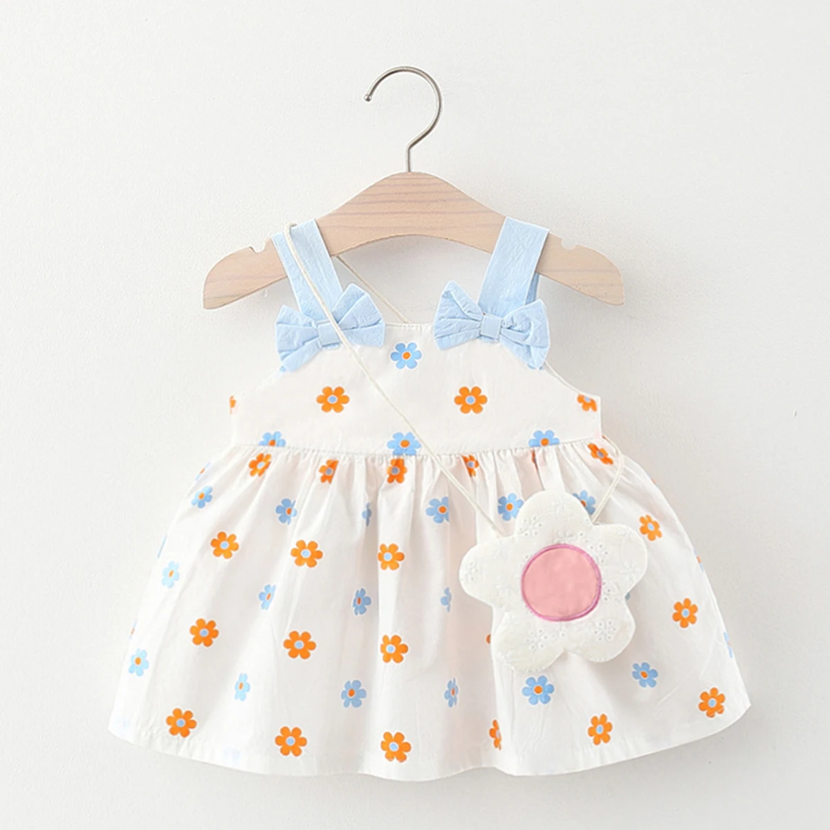 Summer Baby 2-Piece Set With Diagonal Straddle Bag Girl Bow Strap Flower Daily Knee Length Sweet Dress