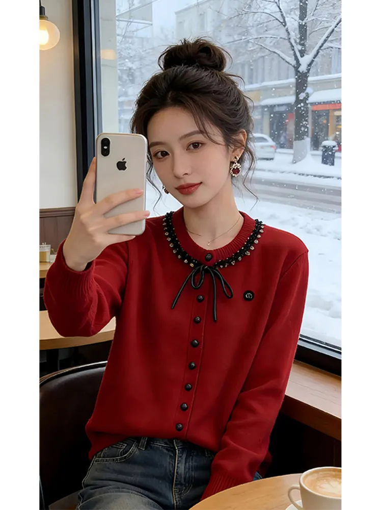 

Red Knot Belted Knitted Top Women's Spring Autumn plus Size Unique Sweater Cardigan Casual Loose Fit Regular Sve