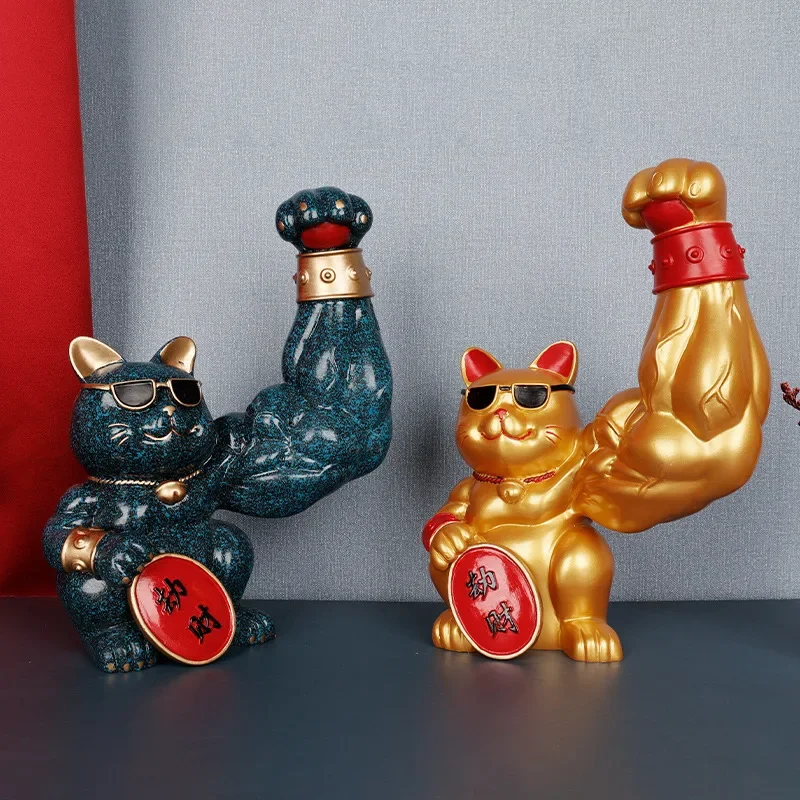 Creative Lucky Cat Decorative Ornaments Muscle Cat Animal Statue Resin Table Small Ornaments Living Room Home Decoration Modern