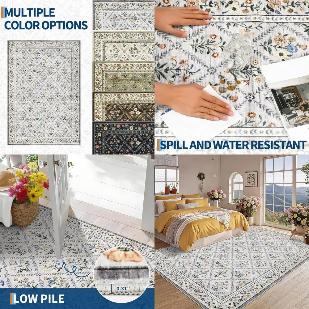 

Серый моющийся коврик 4x6, низкий ворс для гостиной, столовой, спальни — нескользящий в помещении, бежевые тона, подходит для автофургона