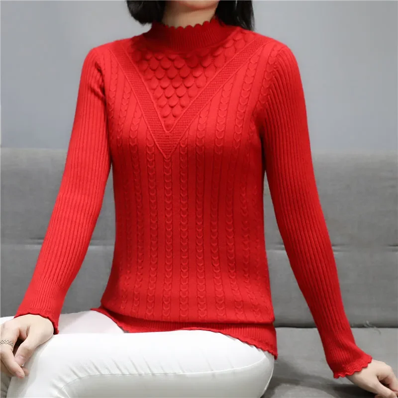 Women Mom Fleece Lined Knit Sweater Autumn Winter Scallop Mock Neck Warm Thick Elderly Long Sleeve Knit Base Top