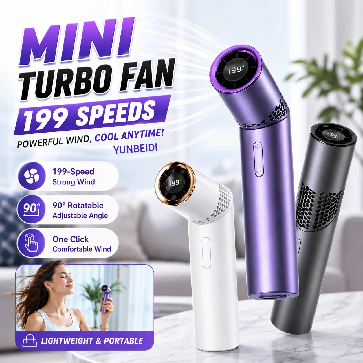 Lipstick Fan Mini Foldable Handheld/Chest-Hanging Fan with LED Light Portable Outdoor 199 Gear Adjustable High-Speed Fan 3000mAh
