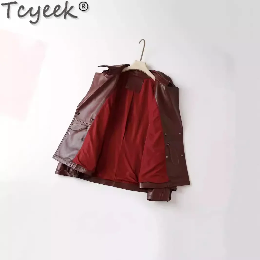 Tcyeek Genuino Giacca di Pelle Delle Donne 2024 di Modo Cappotto di pelle di Pecora Donna Loose Fit Primavera Autunno Vestiti Semi Verdura Abbronzatura