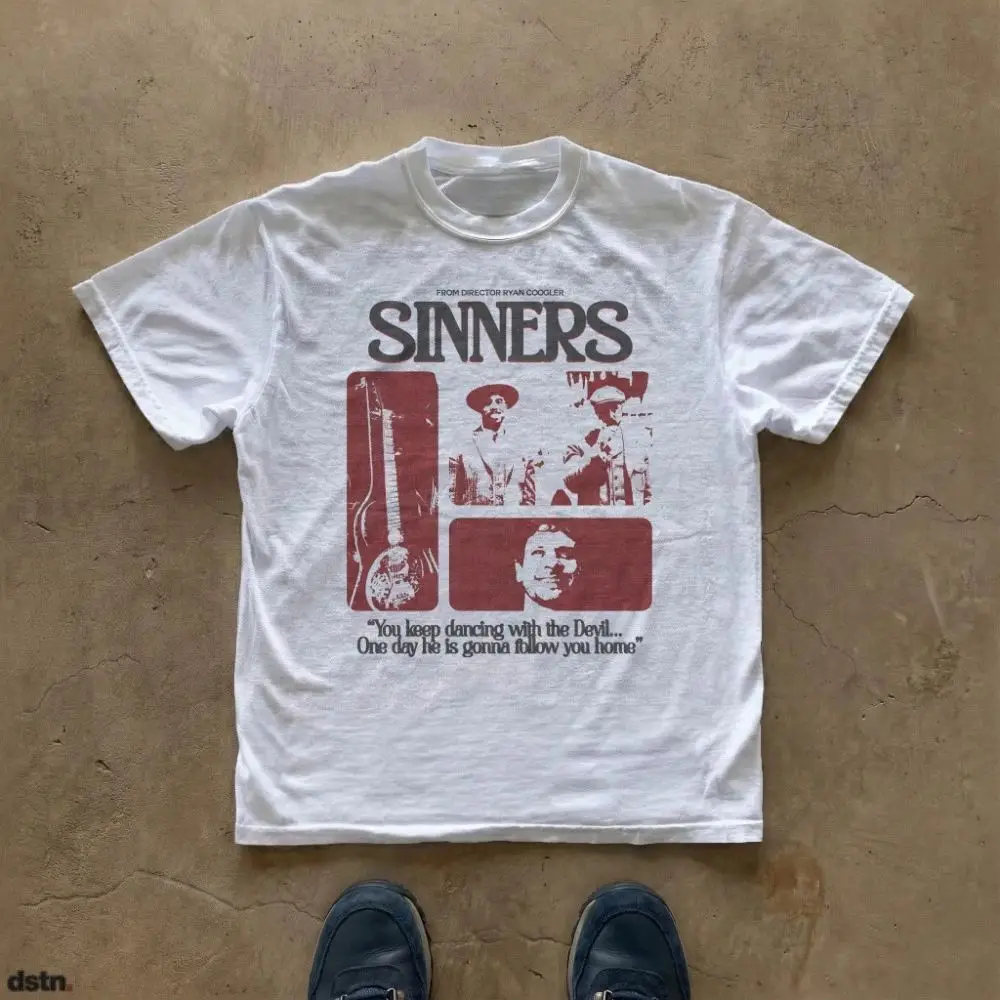 Sinners Movie Vintage Poster T-shirt 90s Film Tee Y2k Vintage Tee Casual Loose Short Sleeve Print O Neck Clothing Unisex