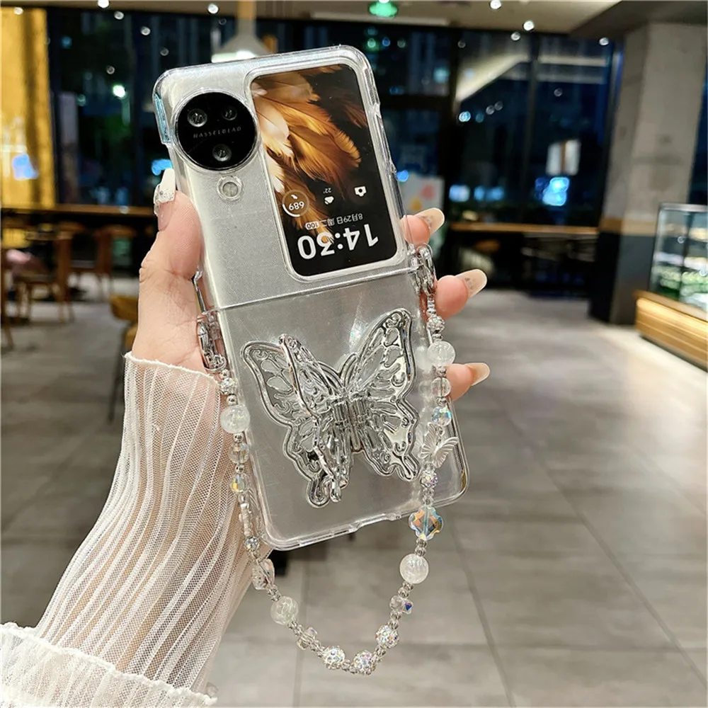 Korean Fashion Cute Feather Transparent Side Buckle Chain PC Phone Case For OPPO Find N3Flip Case Find N2Flip Cover VIVO X Flip