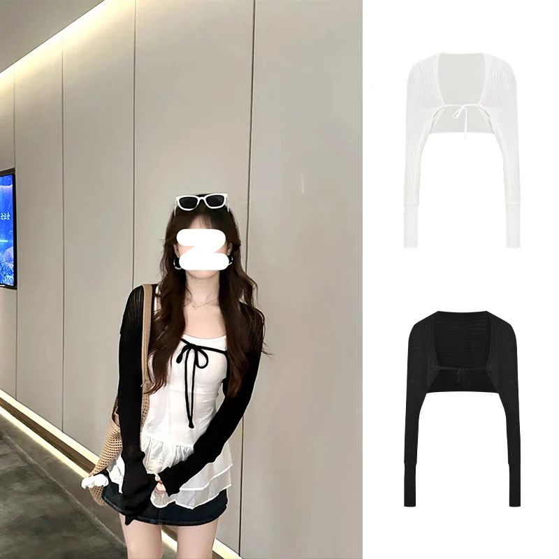 MosesQueen Korean Style Short Knitted Sun Protection Open Cardigan Thin Belted Female Summer Lightweight Breathable Jacket