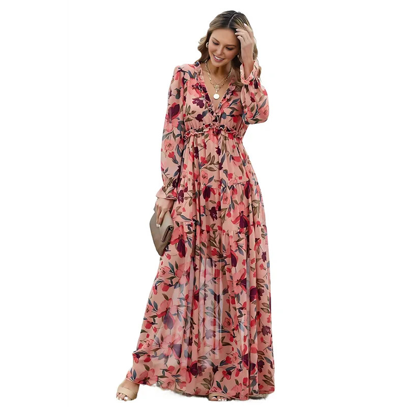 ABRT-Abito maxi Boho da donna con scollo a V, maniche lunghe, volant, linea ad A, abiti in chiffon con altalena divisa
