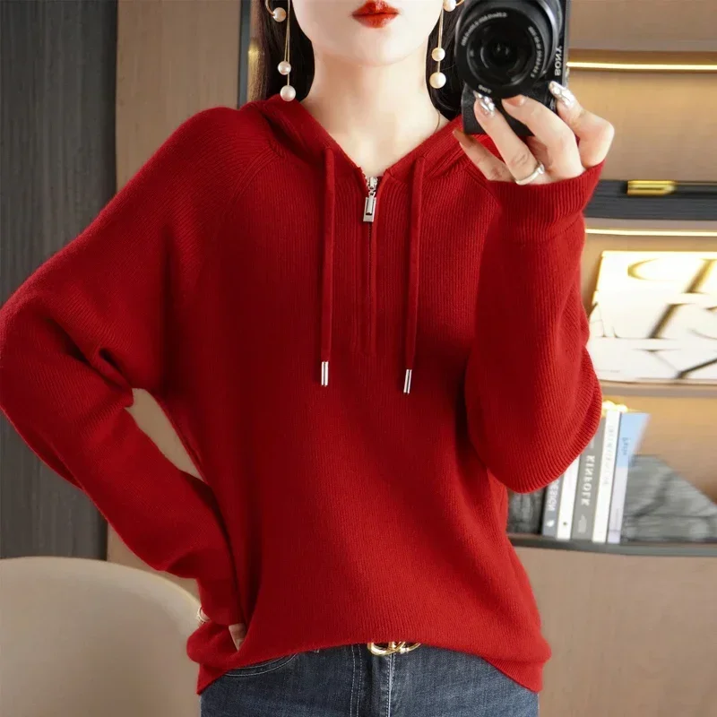 Women Hooded Sweater  Zipper Half Open Collar Autumn Winter Pullovers Loose Casual Sweatshirt Hoodie Knitwear Long Sleeve Top