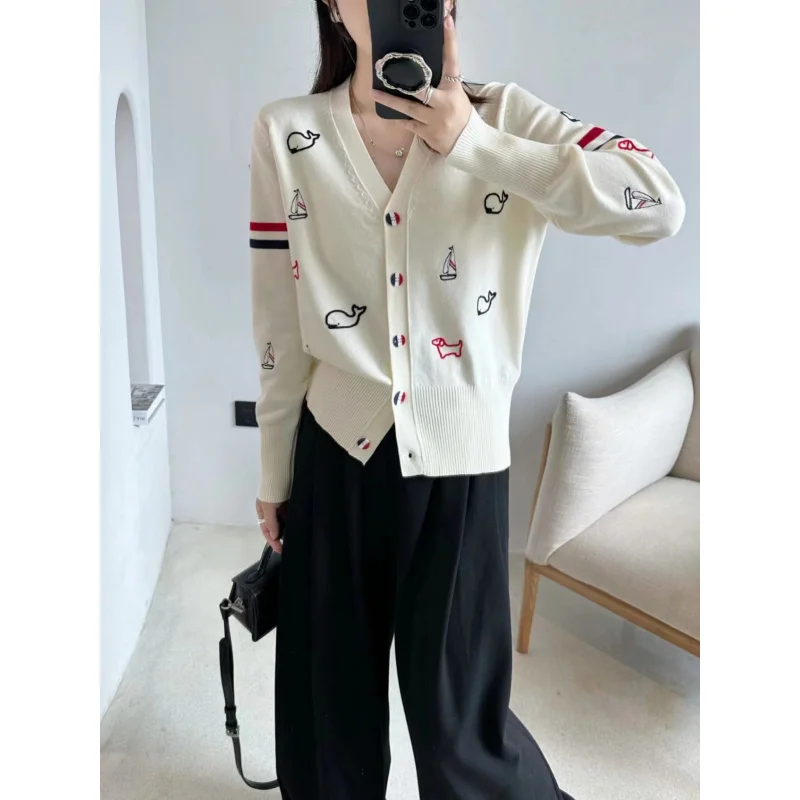 Fashionable winter TB V-neck long sleeve knitted cardigan for women-school style cartoon animal embroidered sweater jacket