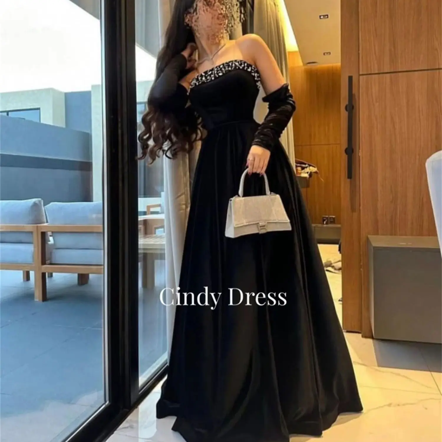 

Cindy Black Long Evening Dresses Women's Dress Charming Split Sleeve Saudi Off the Shoulders Grace White Quinceanera Woman's