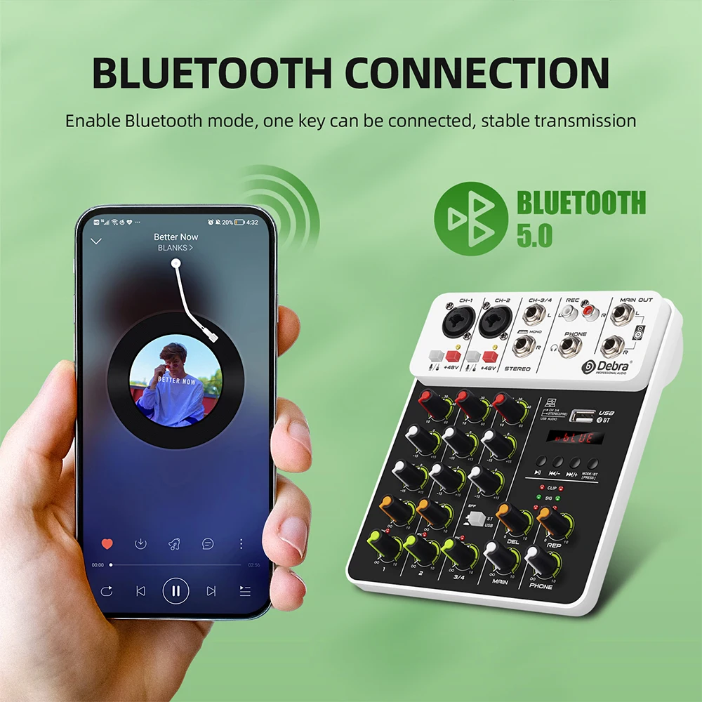 Debra V4 4-Channel Audio Mixer with Bluetooth USB 48V Phantom Power Delayed Replay Effect for Computer Recording, DJ Console