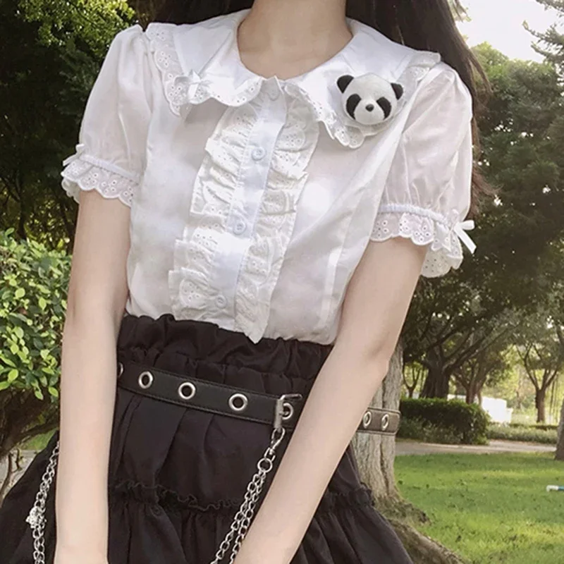 Y2K Women White Shirt Kawaii Bow Lace Up Patchwork Ruffles Female Short Blouse Korean New Peter Pan Collar Button Ladies Top