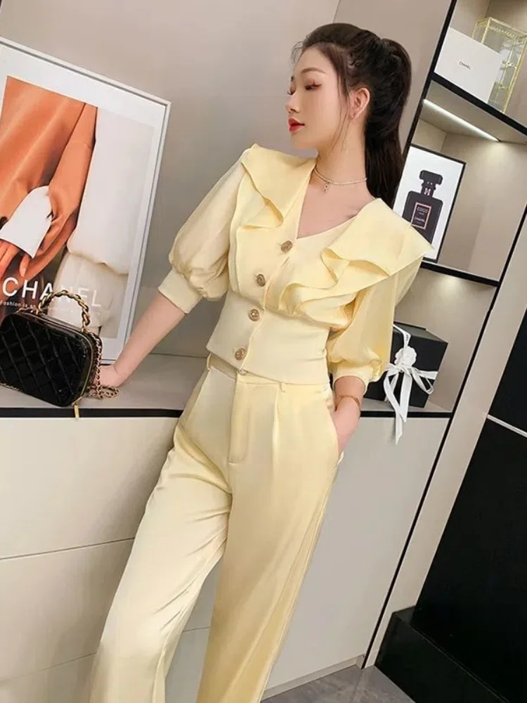 Wide Leg Trousers Woman Professional Shirt Office Spring Autumn Blouse and Pant Sets for Women 2 Pieces Wear To Work with Sleeve