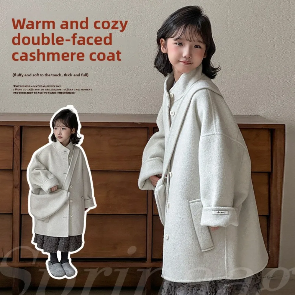 Girls Double Sided Wool Coat Autumn Winter New Korean Style Mid-Length Overcoat for Big Kids Kids Woolen Jacket With Handbag