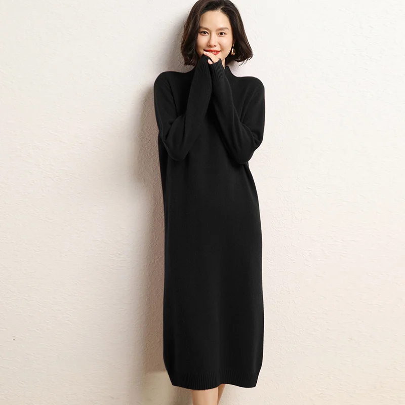 2023 High-end Winter New 100% Cashmere Sweater Long Dress Women Casual Thicken Dresses Female Loose Large Size Knitted Pullover