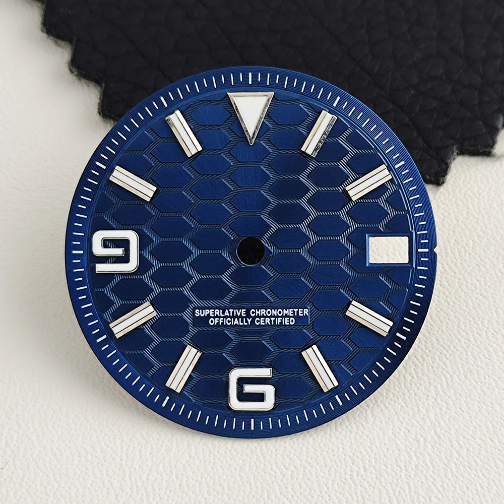 SUPER Dial 28.5mm NH35 Dial Honeycomb-textured Blue Luminous Watch Dial Custom Logo Available Fit NH36/NH36 Movement Watch