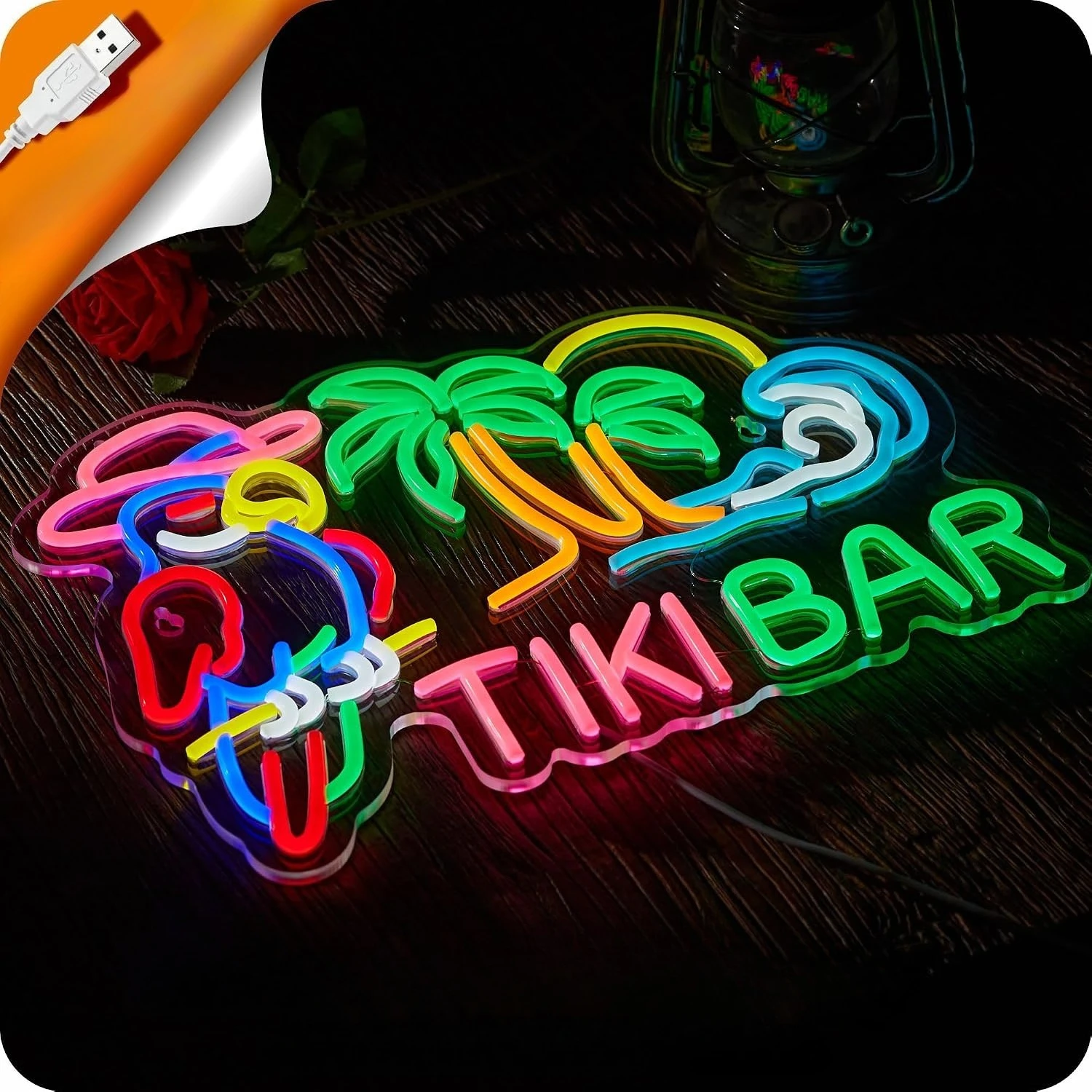 Tiki Bar Parrot Palm Tree LED Neon Sign USB Neon Light, Christmas Bar Wall Decor Lamp, Home Pub Beach Room Party Decoration Gift