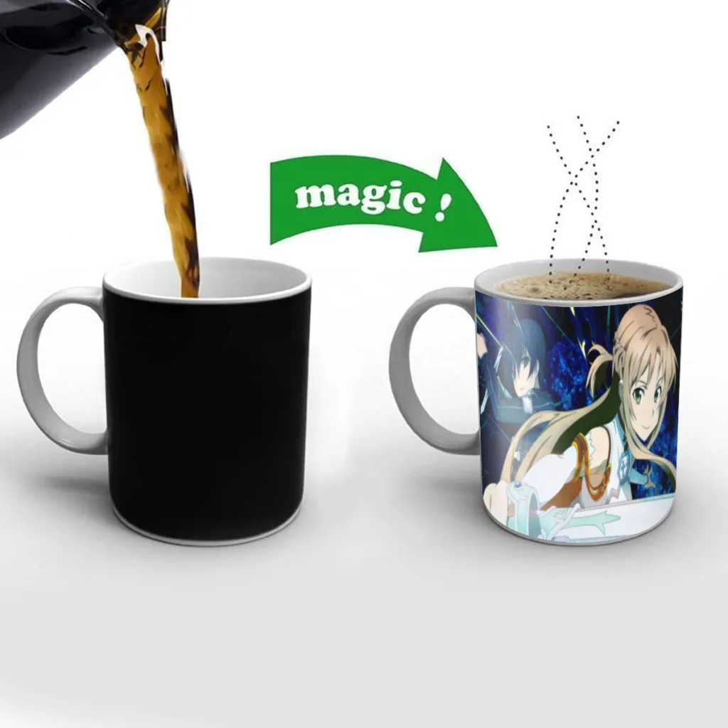 Anime Novel SAO Kirito Yuuki Asuna Magic Mug Changing Color Mug Coffee Tea Mug Temperature Color Changing Heat Sensitive Cup