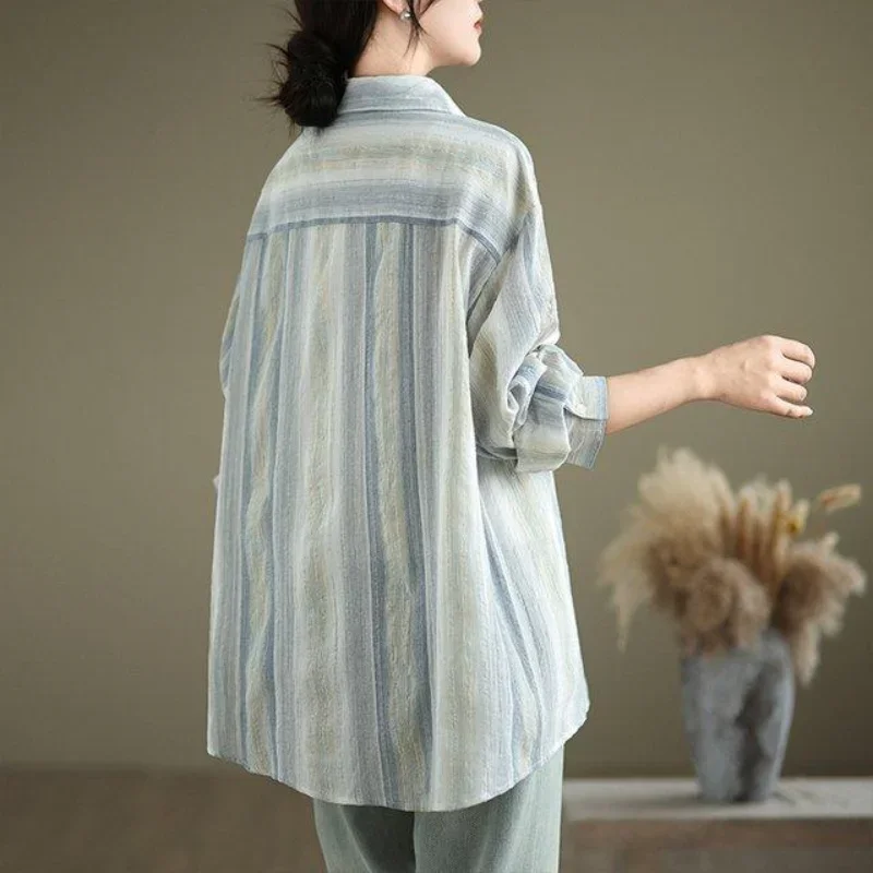 문학적 디자인 감각 세로 줄무늬 대조 색상 여성용 긴 소매 가을 복고풍 얇은 스타일 카디건 탑