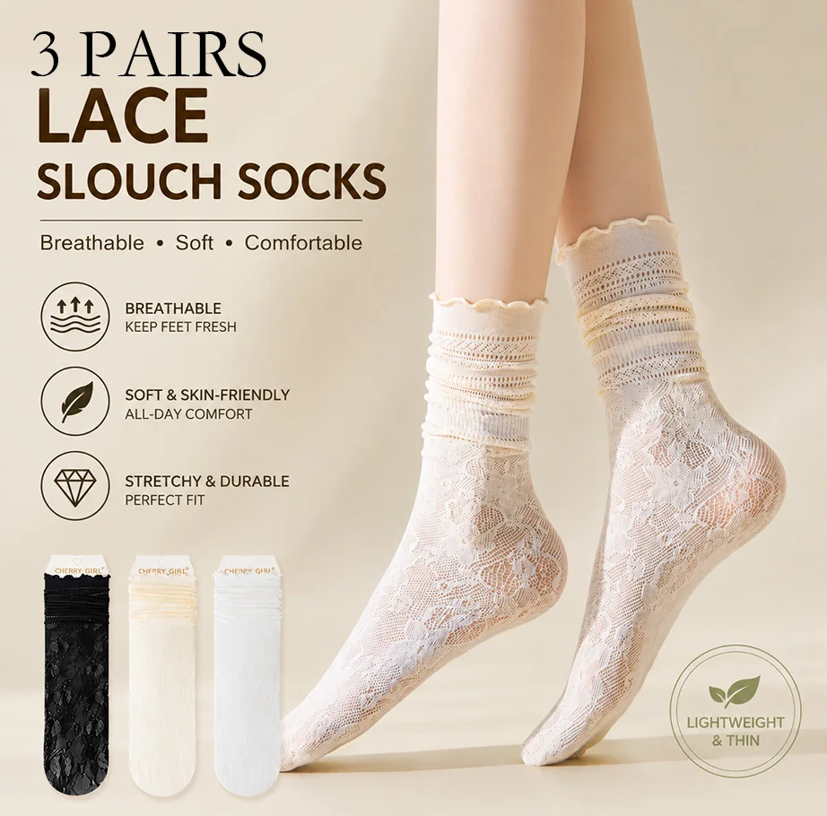 3 Pairs Pack Lace Ruffle Slouch Socks for Women Japanese Sweet Lolita Ankle Socks Breathable Mesh Hollow Out Crew Socks Set