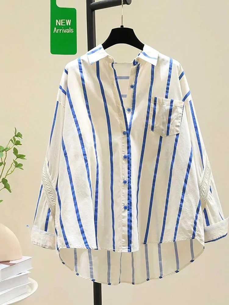 

2025 Early Autumn New Arrival Women's Oversized Youthful Design Patchwork Blue Striped Shirt Fashion