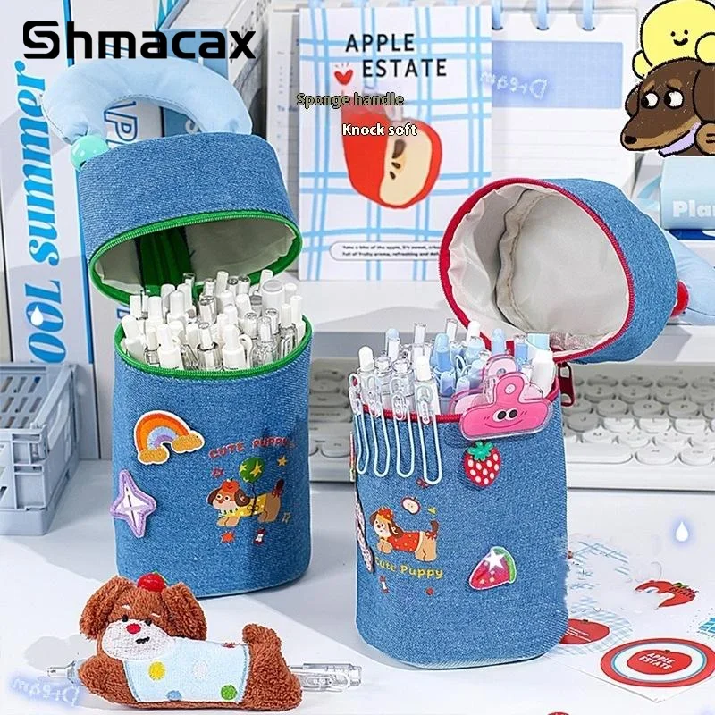 かわいいソーセージ犬ラウンドバレルペンバッグ多機能文具ケースかわいいハンドヘルド収納袋学生学用品