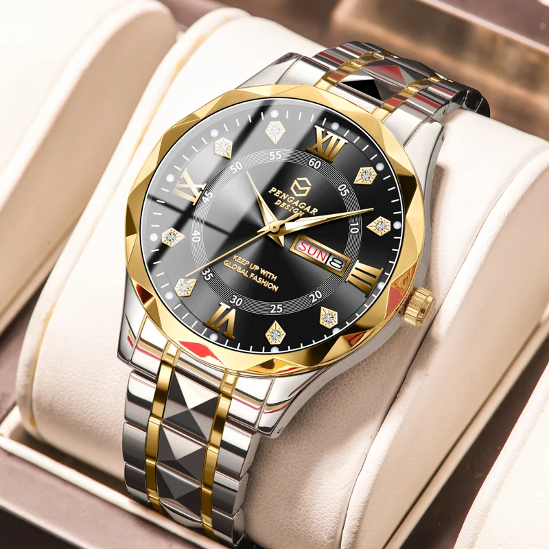 PENGAGAR Luxury Trendy Man Wristwatch Waterproof Stainless Steel Luminous Men Watch Date Week Fashion Quartz Men's Watches Reloj