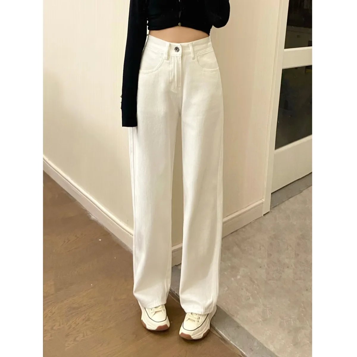 

Retro White Straight Leg Jeans, Women's New High Waisted, Loose Fit, Slimming And Wide Leg Pants