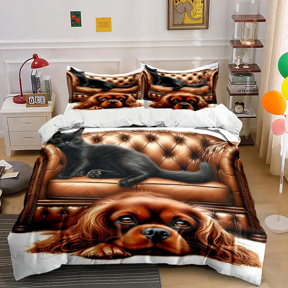 Cat and dog sharing leather sofa Print Bedding Set 1 Duvet Cover 2 Pillowcases for Adult and Children Luxury Gift Full Size