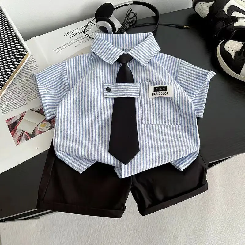 Baby Boys Summer Gentleman Clothing Set Striped Lapel Short Sleeve Shirt Matching Tie Roll Hem Black Shorts