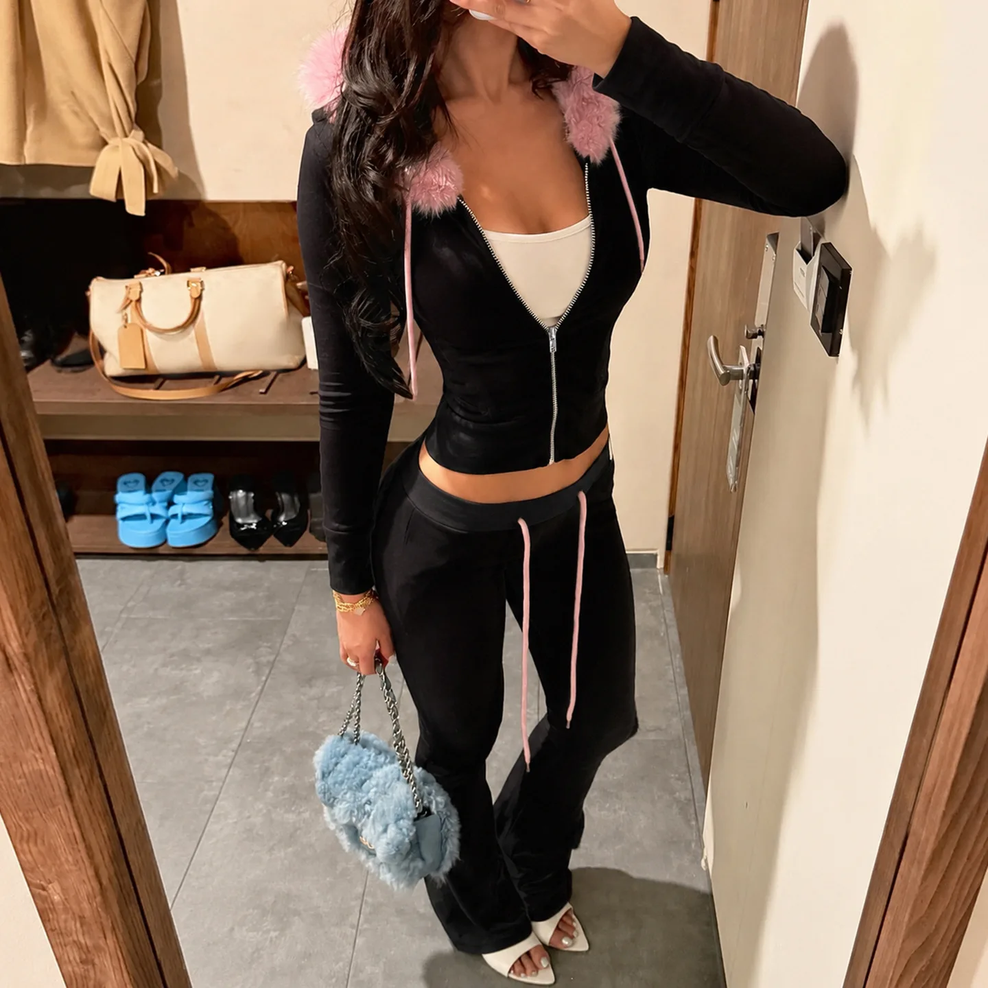 American casual fleece-patched color-matching hooded zipper pullover hoodie elastic waist drawstring pants set of two pieces Y2K