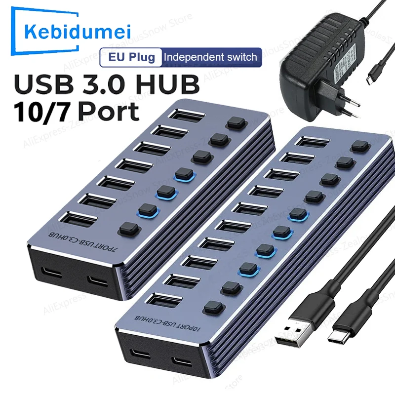 KEBIDUMEI 10/7 Port USB-Hub USB 3.0 5Gbps Aluminium-Splitter Mehrfach-Erweiterungsdock mit Ein/Aus-Schaltern Netzteil für PC