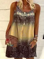 Summer New Fashion Women's Vintage Printed Casual Spaghetti Strap loose Dress Loose Plus Size Beach Dress