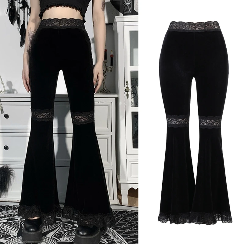 Women Gothic Punk Black Velvet Flare Pants Harajuku Sexy Hollow