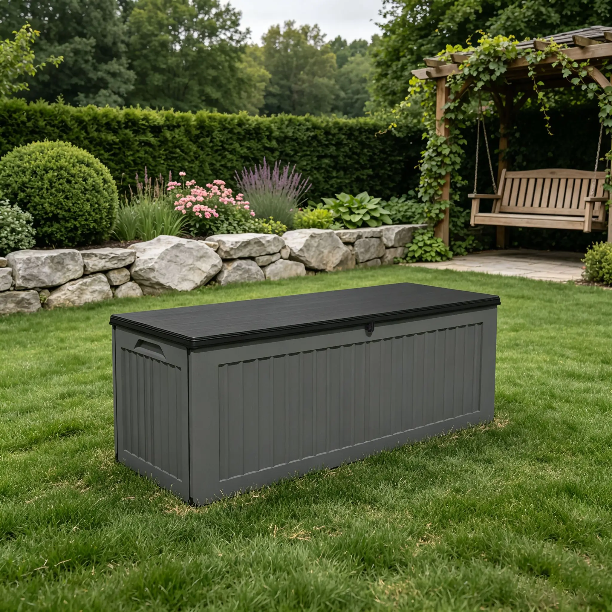 103 Gallons Deck Storage Boxes Outside Secure Waterproof Resin UV Resistant Lockable Storage Deck Box for Outdoor Porch Patio